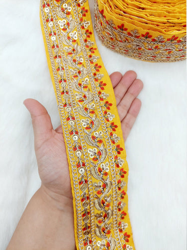 Art Silk Fabric Sari Border Trim with Floral Embroidery and Gold Sequins, Decorative Trim, Indian Sari Border